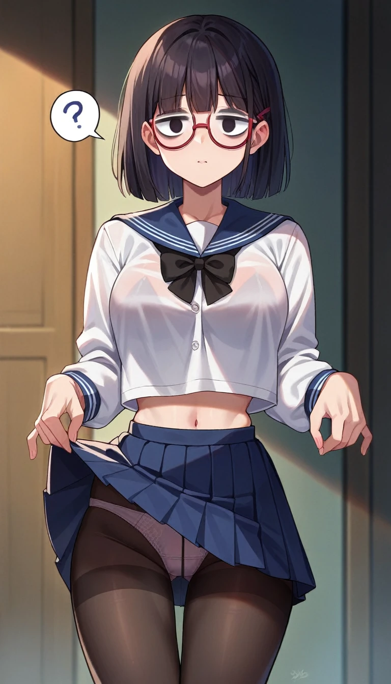score_9, score_8_up, score_7_up, score_6_up, score_5_up, score_4_up, (source_anime),ghost girl, Transparent legs, tactile hair, black hair, Glasses, Haunted house, , black pantyhosen suit, sailor suit, panties, Pleart,holding skirt, brainwashing,empty eyes,giggle(((NSFW)))((question mark))((lower body))