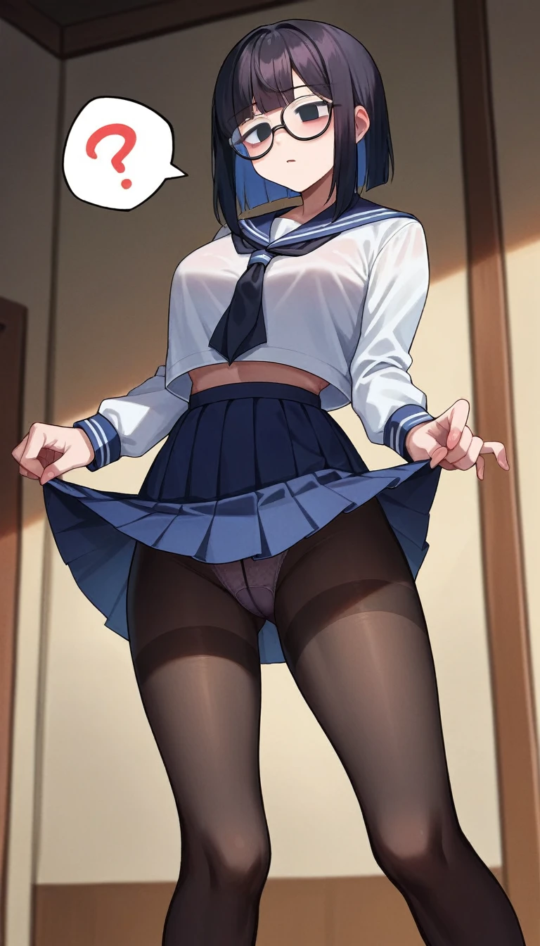 score_9, score_8_up, score_7_up, score_6_up, score_5_up, score_4_up, (source_anime),ghost girl, Transparent legs, tactile hair, black hair, Glasses, Haunted house, big tits, black pantyhose, open suit, sailor suit, panties, Pleated skirt,holding skirt, brainwashing,empty eyes,giggle(((NSFW)))((question mark))((lower body))