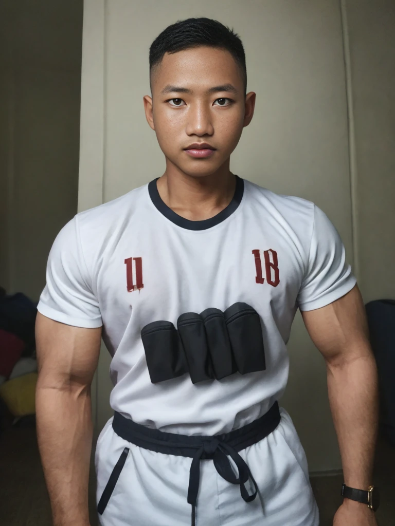 masterpiece, best quality, high resolution, realistic, handsome, photogenic, syahnk, SFW, a photo of a 35 year old  frat (man:1.2) portrait, , military press, weights, stunning , short buzzcut hair,stubble head , (hypermuscle),looking at the viewer, flirting with the camera, charming, (tight white shirt ),(GS-Masculine:1), 8K UHD ,ชายหนุ่มเอเชีย ในเสื้อโปโลสีดำ นั่งอยู่ริมหญ้า ด้วยสีหน้าจริงจัง, มองเข้าไปในระยะไกล หันหน้าของคุณเล็กน้อย，กลางคืน