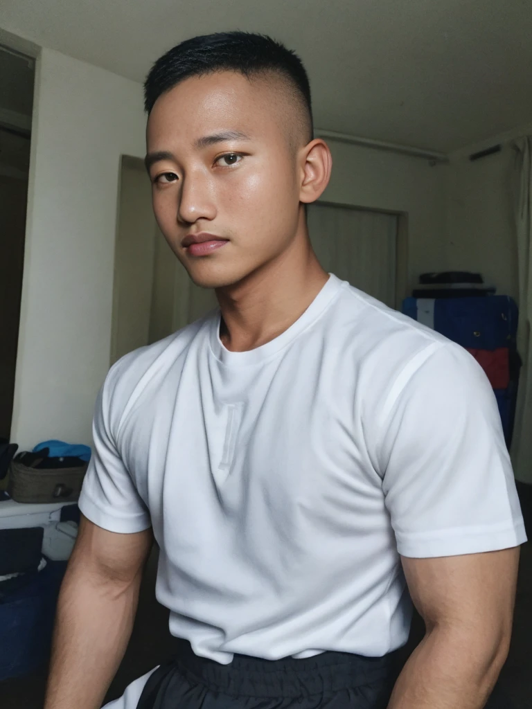masterpiece, best quality, high resolution, realistic, handsome, photogenic, syahnk, SFW, a photo of a 35 year old frat (man:1.2) portrait, , military press, weights, stunning , short buzzcut hair,stubble head , (hypermuscle),looking at the viewer, flirting with the camera, charming, (tight white shirt ),(GS-Masculine:1), 8K UHD ,ชายหนุ่มเอเชีย ในเสื้อโปโลสีดำ นั่งอยู่ริมหญ้า ด้วยสีหน้าจริงจัง, มองเข้าไปในระยะไกล หันหน้าของคุณเล็กน้อย,กลางคืน