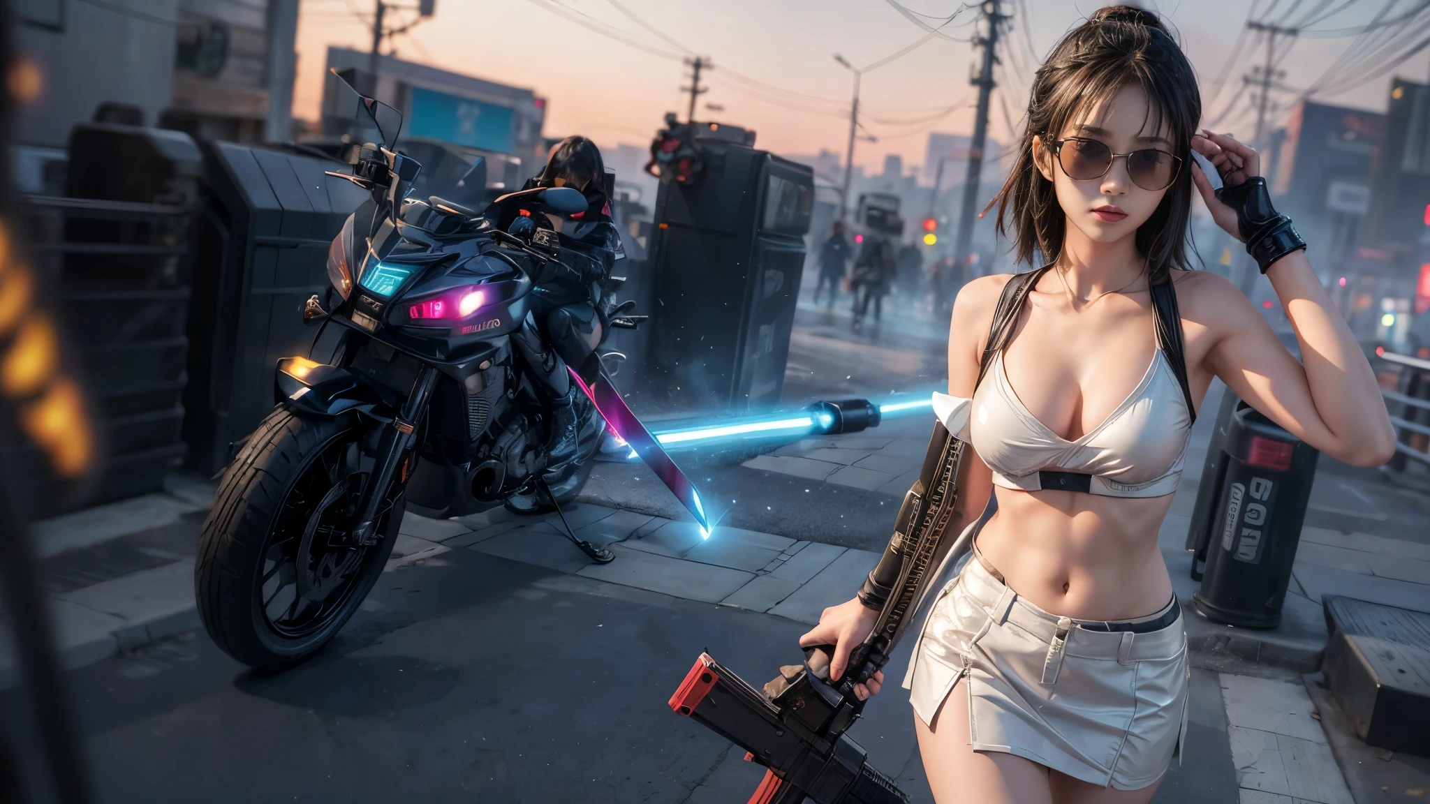 8k, Realistic Skin Texture, Realistic Photo, Neo Tokyo, slim Japanese women, large-breast:1.3 cleavage:1.2, AD2050 at night, Dirty hunting jacket, Wearing tube top, miniskirt, (((black sunglasses, automatic rifle, sneakers, cold, shooting pose, low angle view))), Innovative composition, revenge, cyberpunk, blade runner worldview, Large neon sign, Geisha hologram sign, Strong Wakamoto Sign.