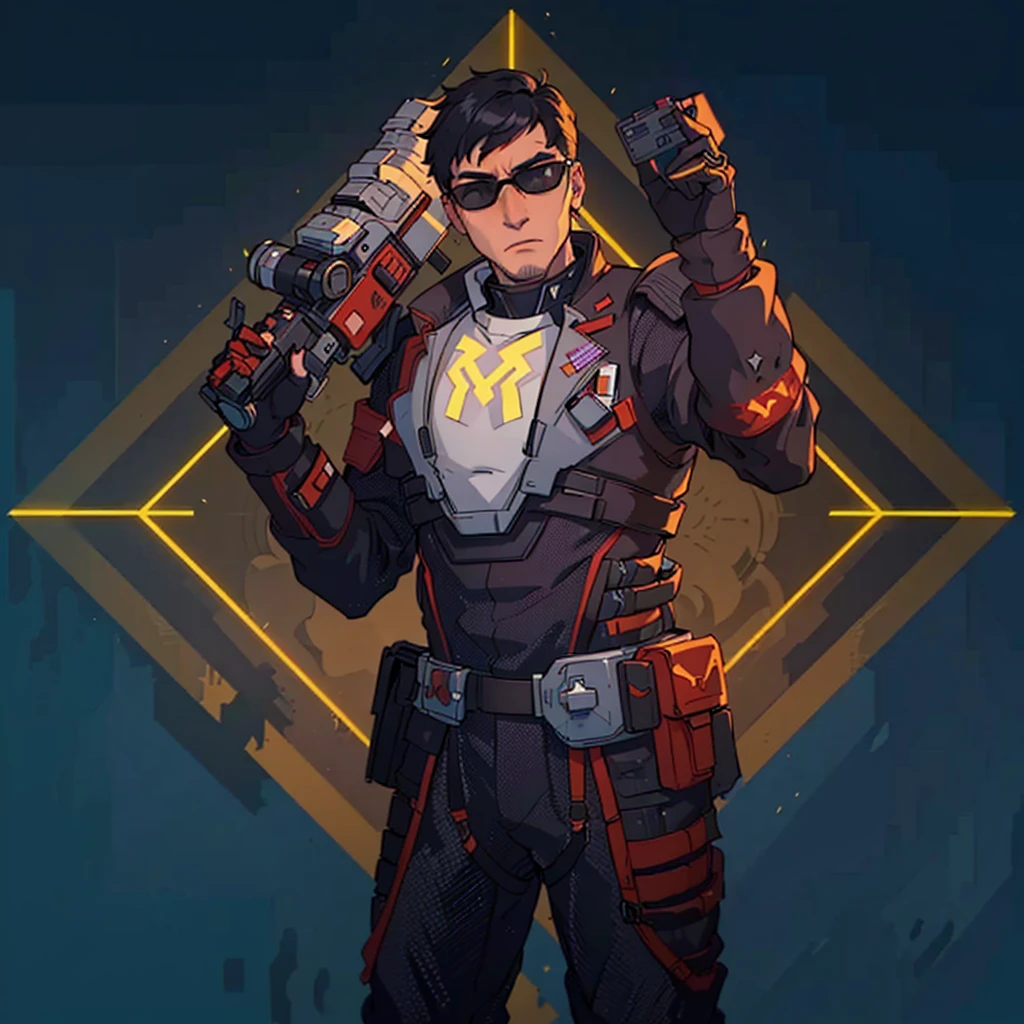 a man in a futuristic suit holding a gun, He has black glasses and on his chest he has the letter M, Bill Gates en Overwatch, as supervisory character, anime character, omen from valorant, thertrevkaiser, supervisory winston, Haris Nukem, in the style of apex legends, Markiplier, as anime character, valorant jett, as a Fortnite character