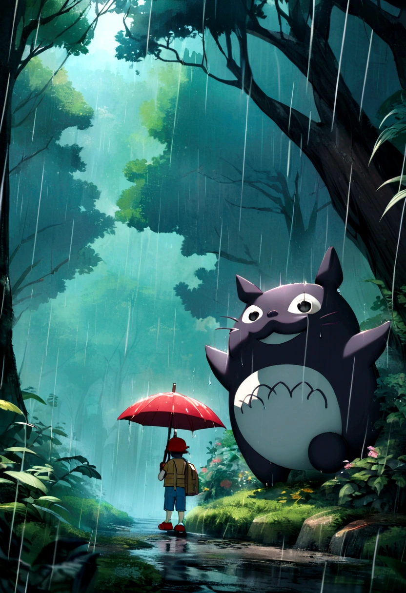 Create an image inspired by the combination of "Pokémon" and "My Neighbor Totoro." The scene is set at a bus stop in a dark, rainy forest. A young boy with a red cap and vest, resembling Ash Ketchum, is holding an umbrella. Beside him, there is a large Gengar also holding an umbrella. The bus stop sign is visible in the background, and rain is pouring down heavily, adding a mystical and whimsical atmosphere to the scene.