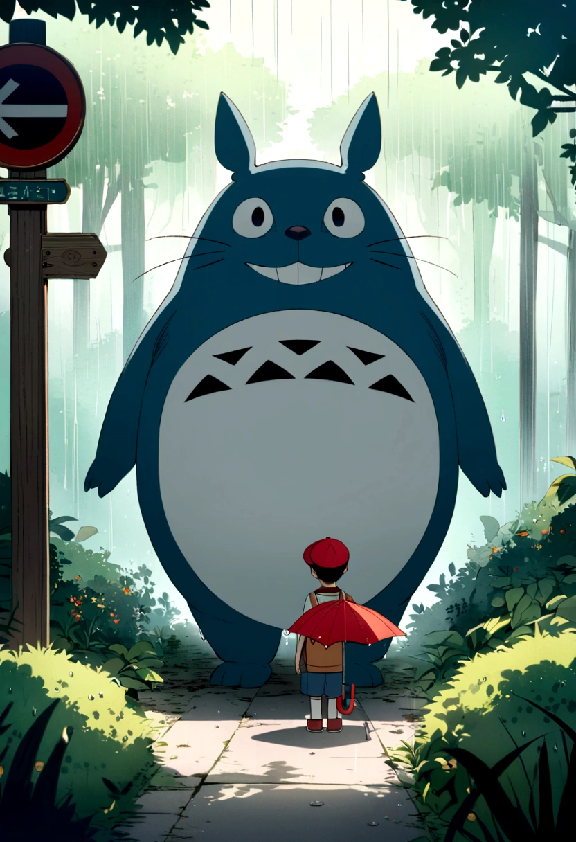 Create an image inspired by the combination of "Pokémon" and "My Neighbor Totoro." The scene is set at a bus stop in a dark, rainy forest. A young boy with a red cap and vest, resembling Ash Ketchum, is holding an umbrella. Beside him, there is a large Gengar also holding an umbrella. The bus stop sign is visible in the background, and rain is pouring down heavily, adding a mystical and whimsical atmosphere to the scene.