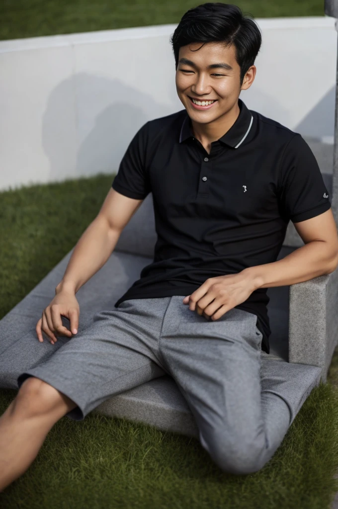 young asian man in a black polo shirt sitting on the grass with a smiling face, looking into the distance Turn your head slightly.,nighttime