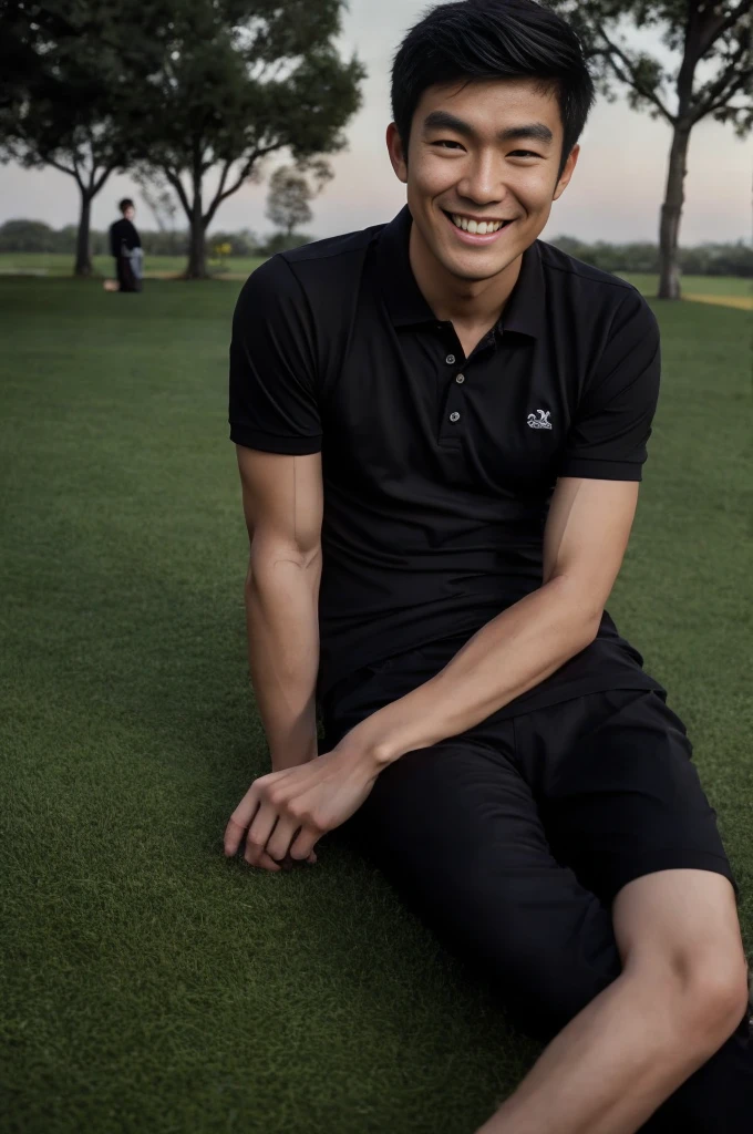 young asian man in a black polo shirt sitting on the grass with a smiling face, looking into the distance Turn your head slightly.,nighttime