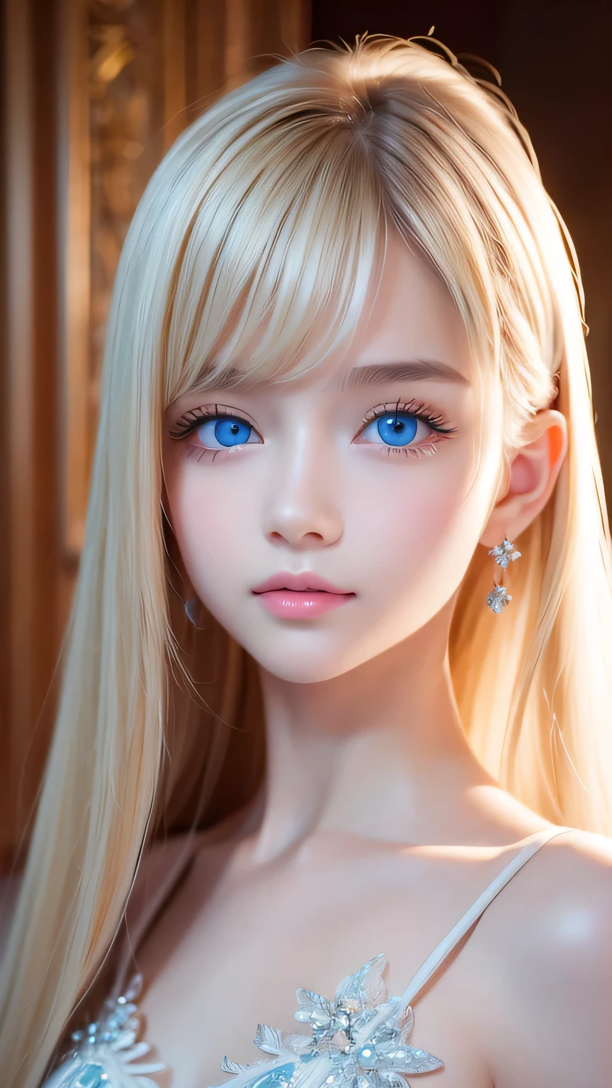 Highest quality、masterpiece、(Realistic:1.4)、One very beautiful blonde girl、Dazzlingly long, super long straight silky platinum blonde、Bangs between the eyes、bangs on the face、Big, very bright light blue eyes that shine so beautifully、Very big eyes、front、Detailed face、Beautiful Eyes、Very white and bright, beautiful skin、Small Face Beauty、 beautiful girl、Cheek gloss highlighter、Round face