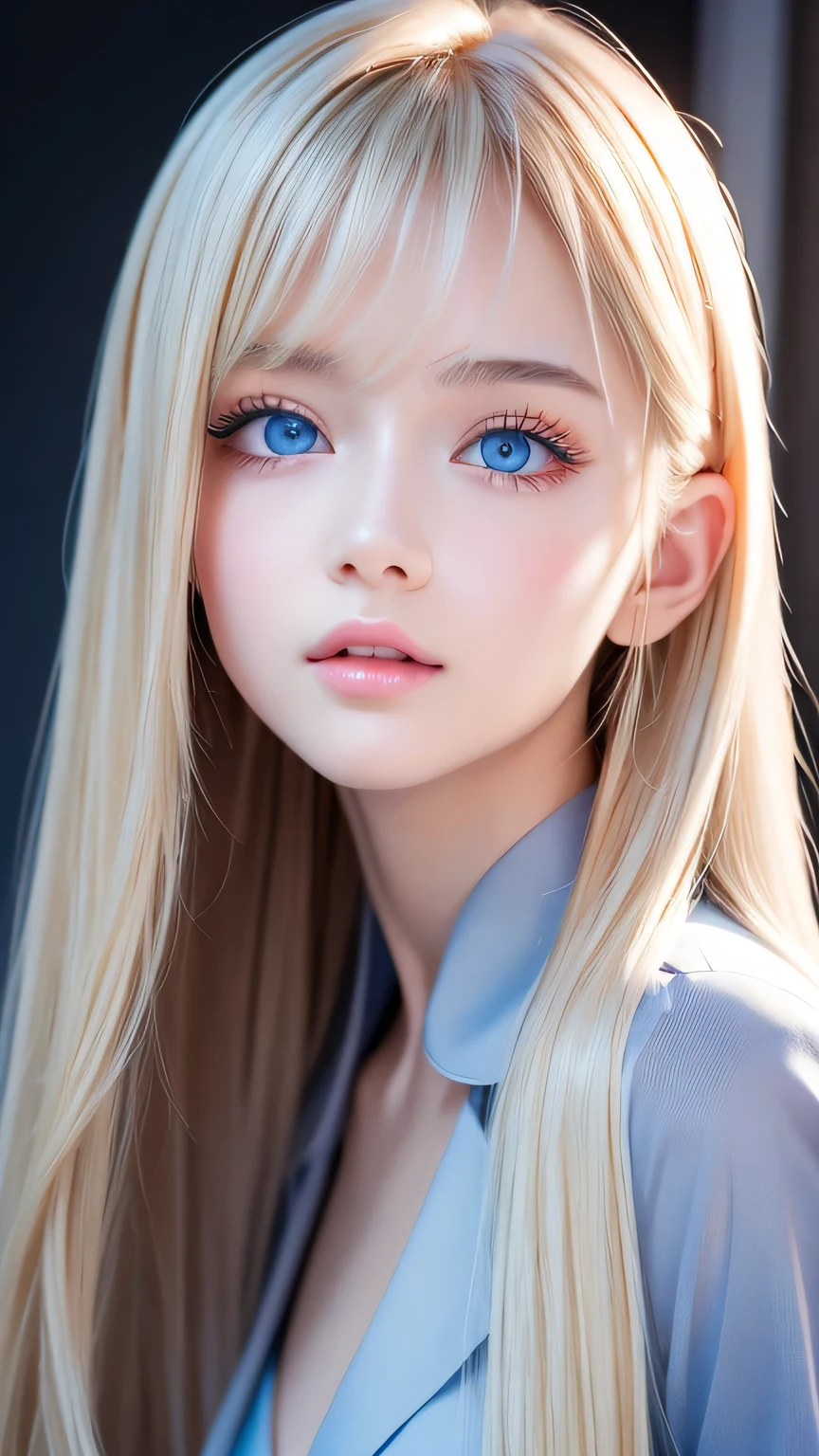 Highest quality、masterpiece、(Realistic:1.4)、One very beautiful blonde girl、Dazzlingly long, super long straight silky platinum blonde、Bangs between the eyes、bangs on the face、Big, very bright light blue eyes that shine so beautifully、Very big eyes、front、Detailed face、Beautiful Eyes、Very white and bright, beautiful skin、Small Face Beauty、14 year old beautiful girl、Cheek gloss highlighter、Round face