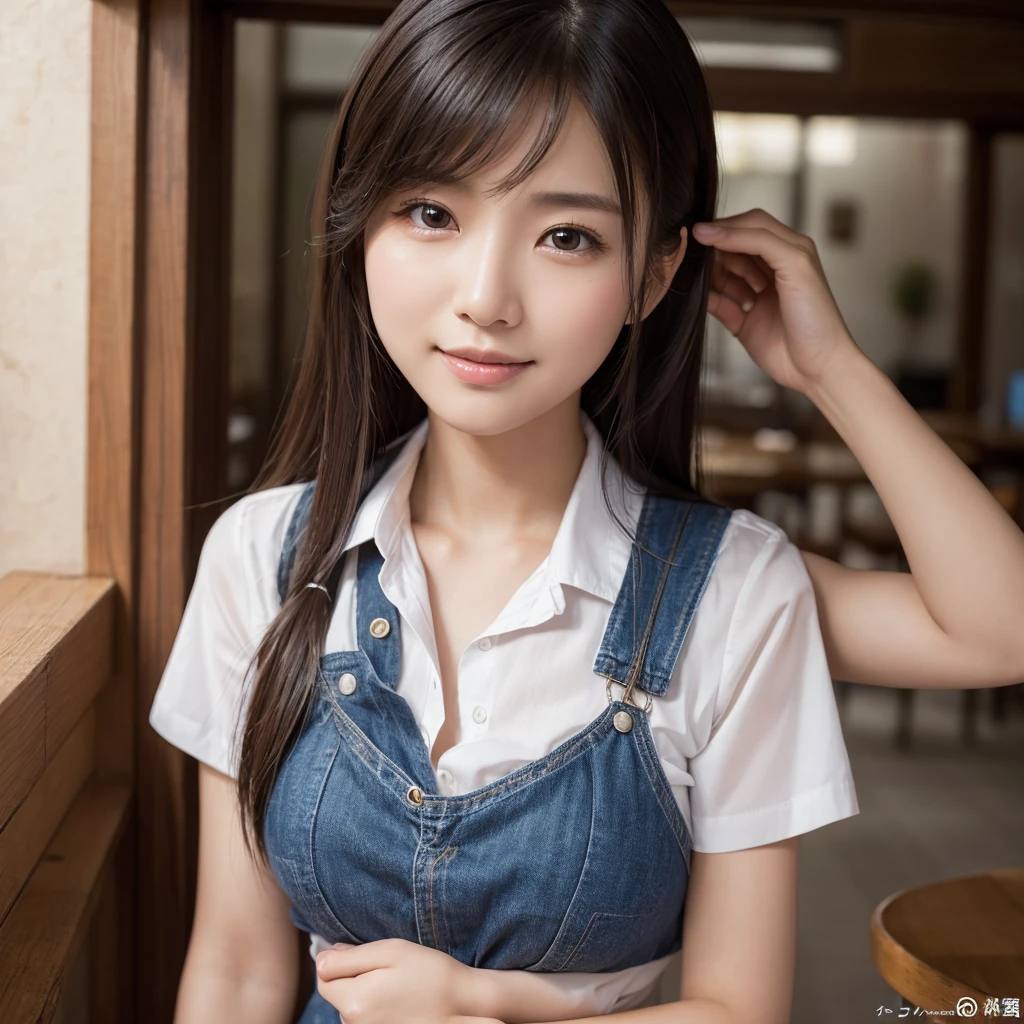 (Highest quality,masterpiece:1.3,Ultra-high resolution,),(Ultra-detailed,Caustics),(Photorealistic:1.4,RAW shooting,)Ultra-Realistic Capture,Very detailed,High resolution 16K human skin closeup。 The skin texture is natural、,Pores、It must be detailed enough to be easily identifiable.。 Skin should look healthy and have an even tone。 Use natural light and color,restaurant,Waitress uniform,1 girl,Japanese,18-year-old,cute,Black-haired,Mid-length hair,Large Breasts,smile,Turn your body forward,(View from the front:1.1),Looking into the camera,Cowboy Shot,sight,focused on the chest,close