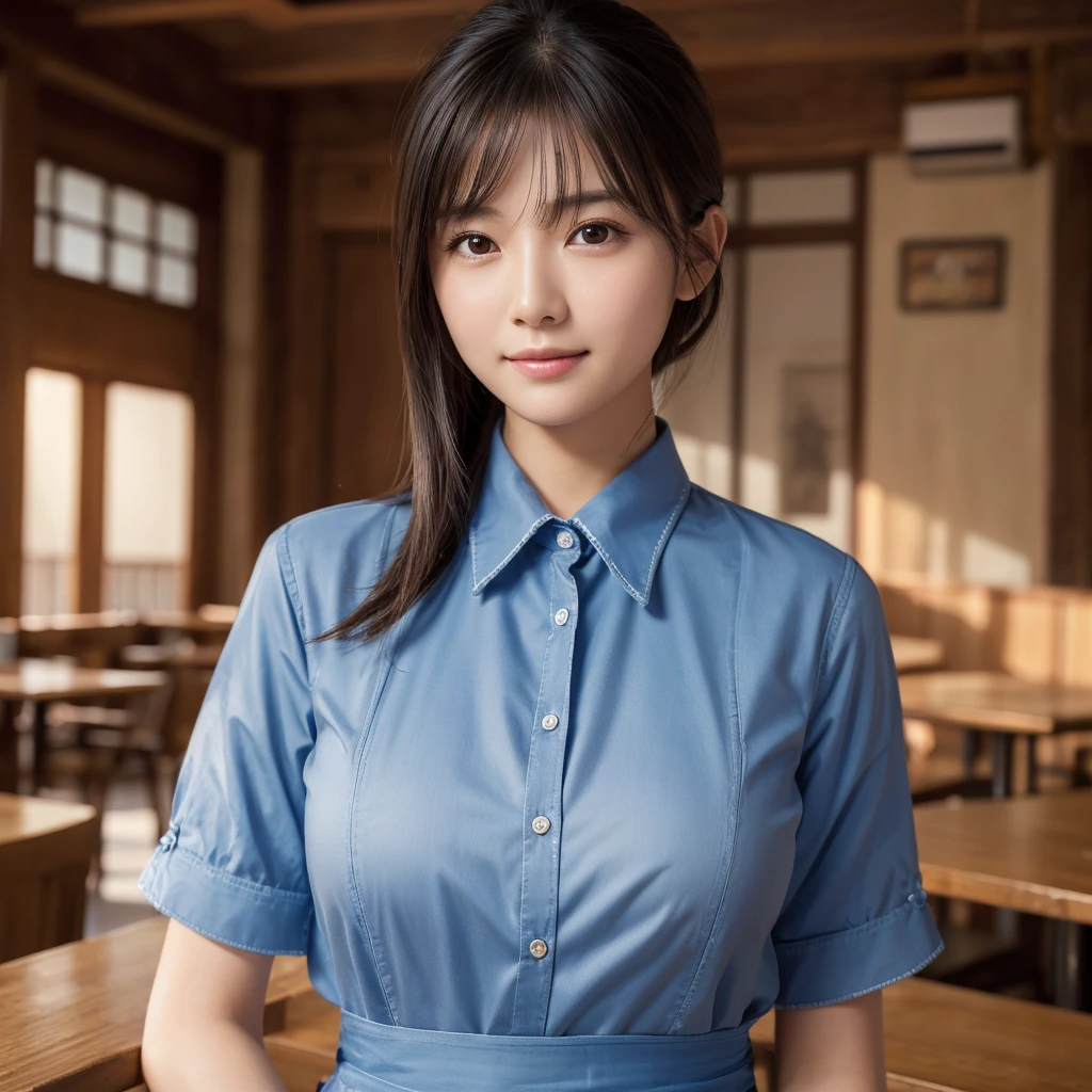(Highest quality,masterpiece:1.3,Ultra-high resolution,),(Ultra-detailed,Caustics),(Photorealistic:1.4,RAW shooting,)Ultra-Realistic Capture,Very detailed,High resolution 16K human skin closeup。 The skin texture is natural、,Pores、It must be detailed enough to be easily identifiable.。 Skin should look healthy and have an even tone。 Use natural light and color,restaurant,Waitress uniform,1 girl,Japanese,18-year-old,cute,Black-haired,Mid-length hair,Large Breasts,smile,Turn your body forward,(View from the front:1.1),Looking into the camera,Cowboy Shot,sight,focused on the chest,close