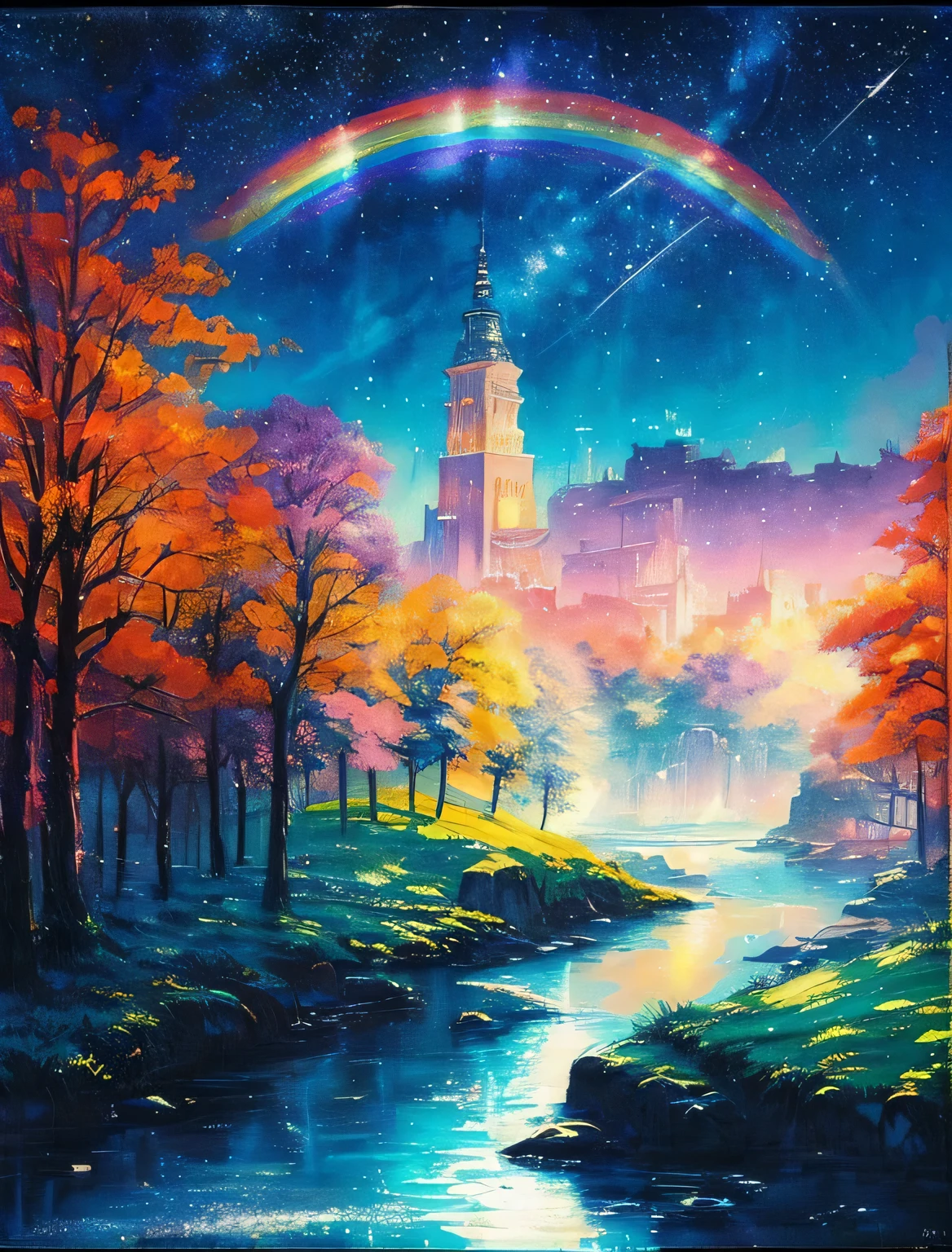 Colorful Metropolitan Museum of Art、Painting of a river with stars and moon in a rainbow sky、Met、輝くskyscraper、Shine overall、skyscraper、Concept art inspired by Tosa Mitsuoki、pixiv contest winners、Highest quality、Fantasy art、Beautiful anime scene、Bright Moon、Moonlight Star Environment、Dream painting、Anime Background Art、Fantasy Landscape Painting、Fantasy Knight、Anime Background、Background artwork、Great art、Atmospheric anime、Starry Sky、details enhanced。