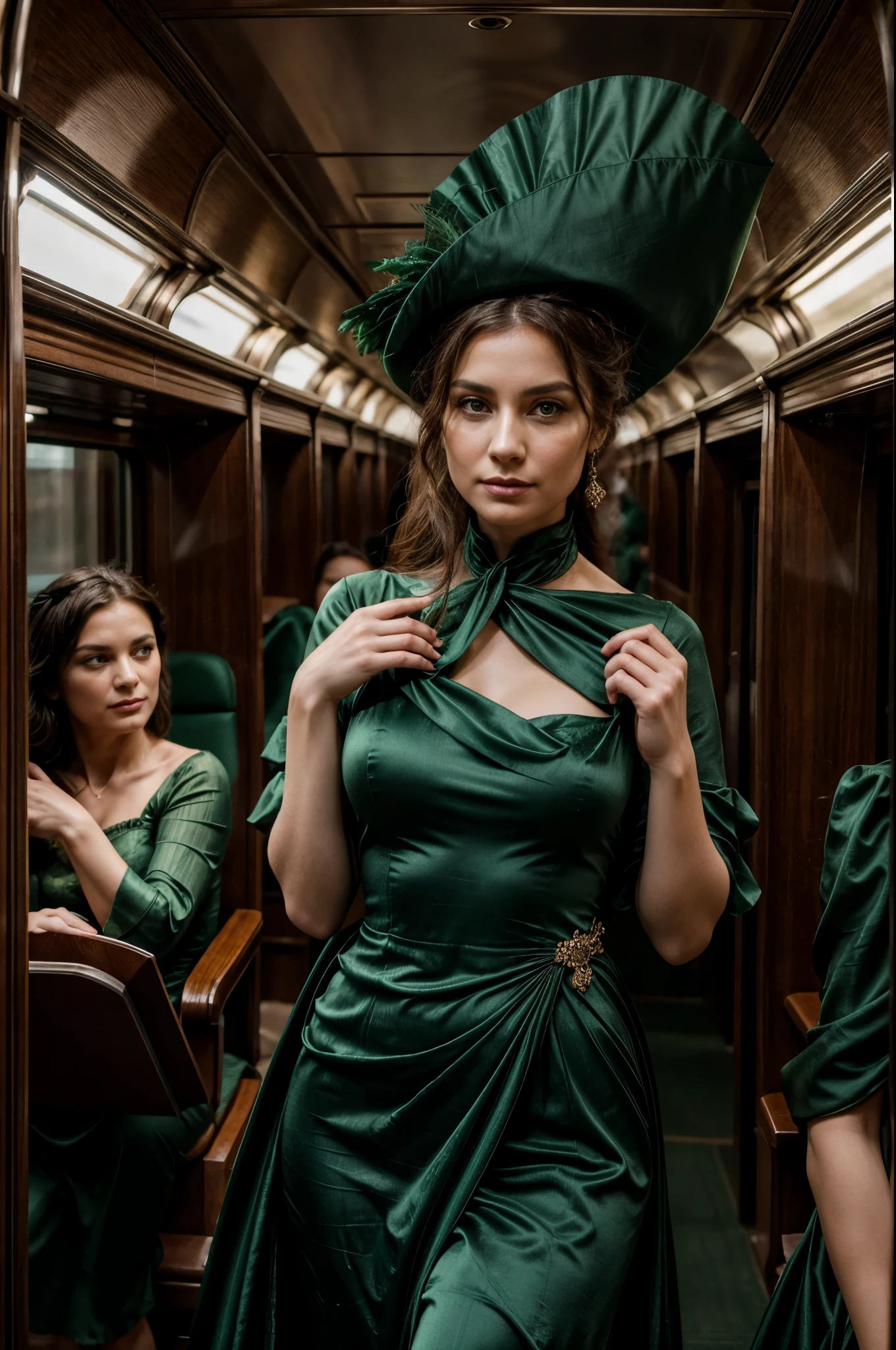 In a luxurious train compartment traveling through the picturesque countryside, a group of middle-aged ladies from the late 18th century gathers, their attire and expressions marking them as figures of intrigue and authority, Tall and statuesque, dressed in a flowing gown of deep green silk that drapes elegantly around her form. Her hat is adorned with feathers that match the rich hue of her dress, adding a touch of regal splendor. She carries a fan in shades of emerald, which she wields with practiced grace, accentuating her gestures with a subtle flourish.
Expression: Her face is a study in composure, with high cheekbones and a strong jawline framing features that betray little emotion. Her dark eyes, sharp and observant, survey the passing scenery with a keen intellect that hints at her formidable intelligence and influence.