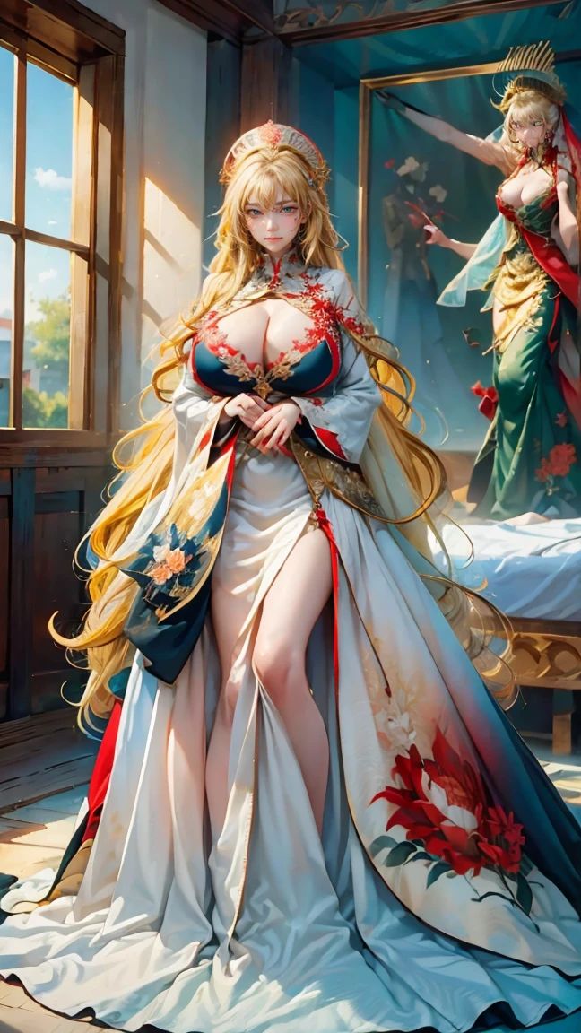 Best quality, masterpiece, ultra high res, raw photo, beautiful and aesthetic,deep shadow, dark theme,(ultra detailed:1.3),
1girl, sitting pose, Headdress, (beautiful face, detailed eye:1.2), embarrassed, (busty breasts, gigantic breasts:1.1), drill hair, long hair, blonde hair, gradient hair, yellow eyes, solo, big hair, blue hair, divine goddess, looking at viewer, indoors, royal palace, medieval bedroom, astraea, full body, nhjy, a red and white dress with a floral pattern