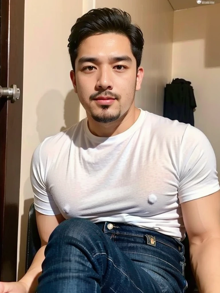 masterpiece, best quality, high resolution, realistic, handsome, photogenic, syahnk, SFW, a photo of a 35 year old frat (man:1.2) portrait, , military press, weights, stunning , short buzzcut hair,stubble head , (hypermuscle),looking at the viewer, flirting with the camera, charming, (tight white shirt ),(GS-Masculine:1), 8K UHD , ยืนในห้องอาหาร, fullbody