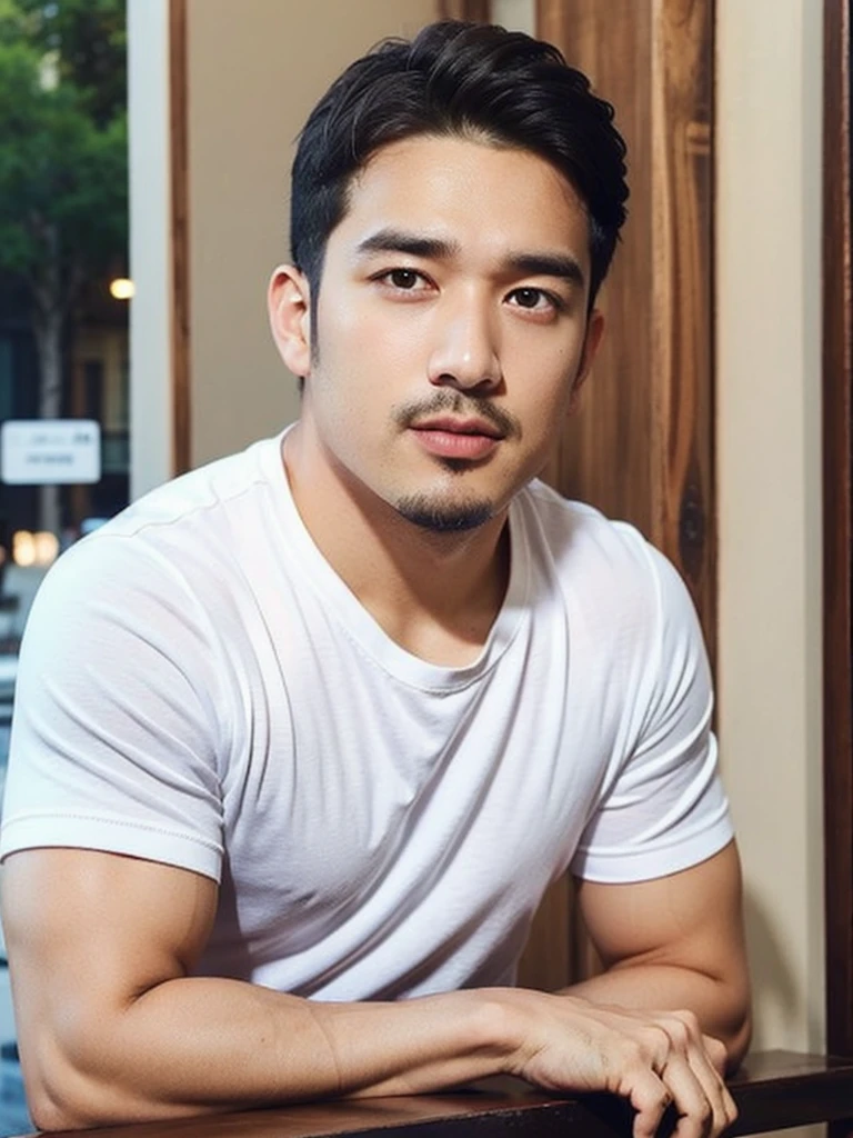 masterpiece, best quality, high resolution, realistic, handsome, photogenic, syahnk, SFW, a photo of a 35 year old frat (man:1.2) portrait, , military press, weights, stunning , short buzzcut hair,stubble head , (hypermuscle),looking at the viewer, flirting with the camera, charming, (tight white shirt ),(GS-Masculine:1), 8K UHD , ยืนในห้องอาหาร, fullbody