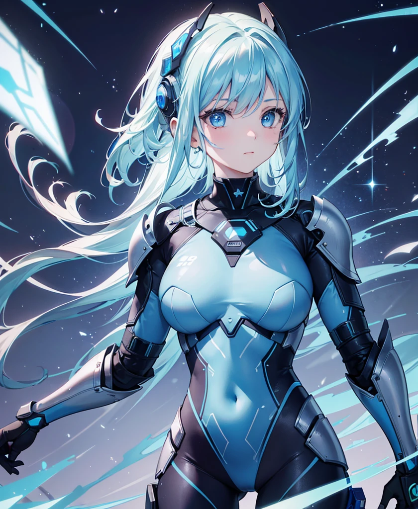 8K, Highest quality, (real:1.4), Original photo, 1 girl, Asari Hair, Biological Amplifier, refined armor, posture: Peace talks between warring factions, smart blue eyes,whole body
