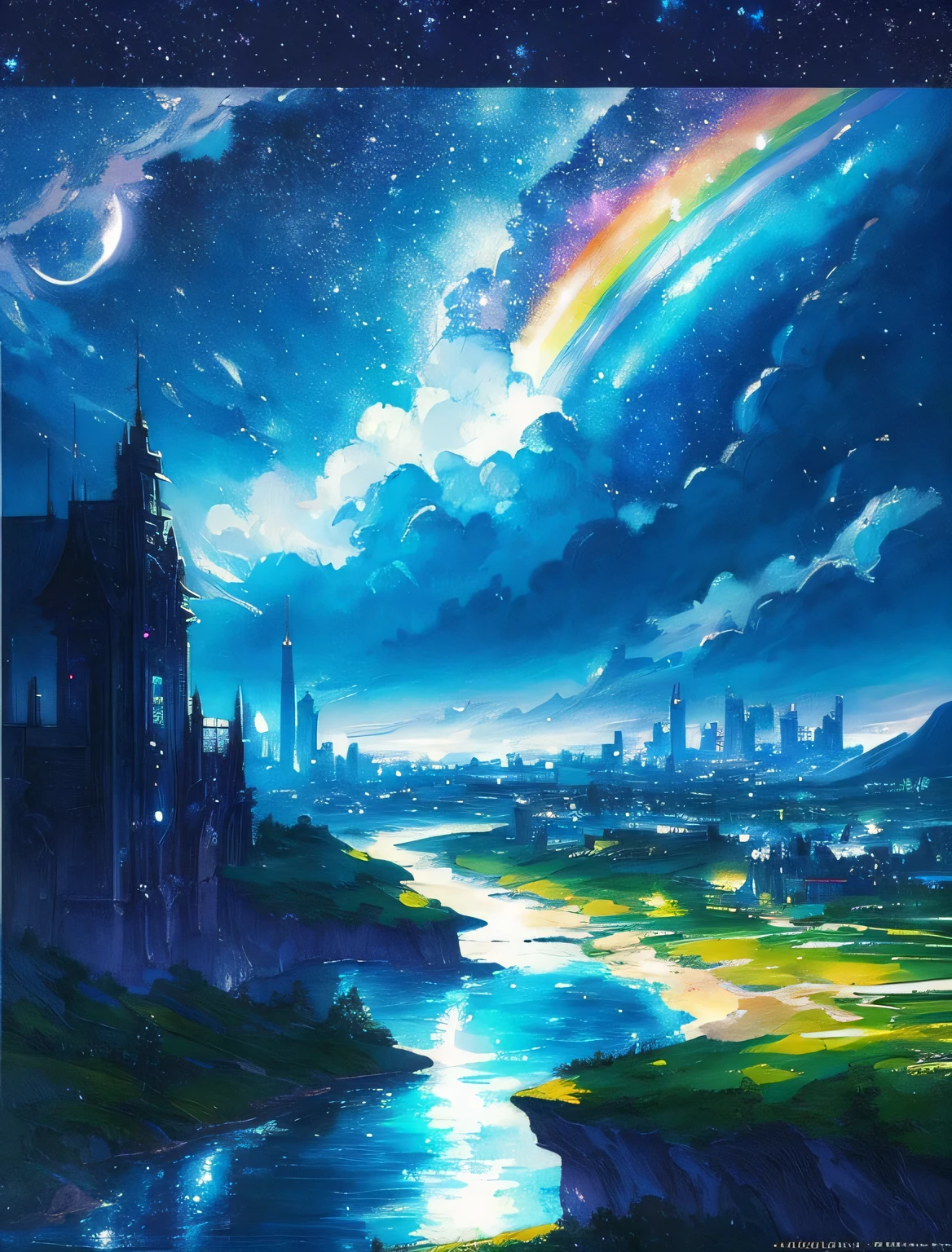 Colorful Metropolitan Museum of Art、Painting of a river with stars and moon in a rainbow sky、Met、輝くskyscraper、Shine overall、skyscraper、Concept art inspired by Tosa Mitsuoki、pixiv contest winners、Highest quality、Fantasy art、Beautiful anime scene、Bright Moon、Moonlight Star Environment、Dream painting、Anime Background Art、Fantasy Landscape Painting、Fantasy Knight、Anime Background、Background artwork、Great art、Atmospheric anime、Starry Sky、details enhanced。