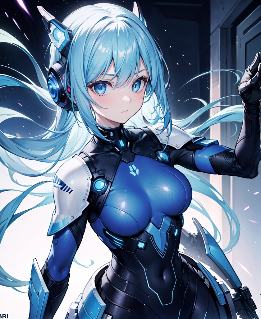 8K, Highest quality, (real:1.4), Original photo, 1 girl, Asari Hair, Biological Amplifier, refined armor, posture: Peace talks between warring factions, smart blue eyes,whole body