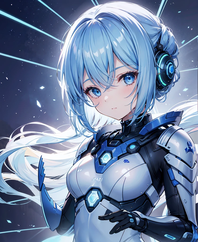 8K, Highest quality, (real:1.4), Original photo, 1 girl, Asari Hair, Biological Amplifier, refined armor, posture: Peace talks between warring factions, smart blue eyes,whole body