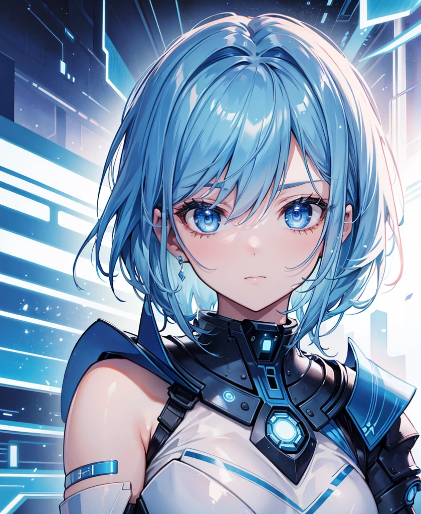 8K, Highest quality, (real:1.4), Original photo, 1 girl, Asari Hair, Biological Amplifier, refined armor, posture: Peace talks between warring factions, smart blue eyes,whole body