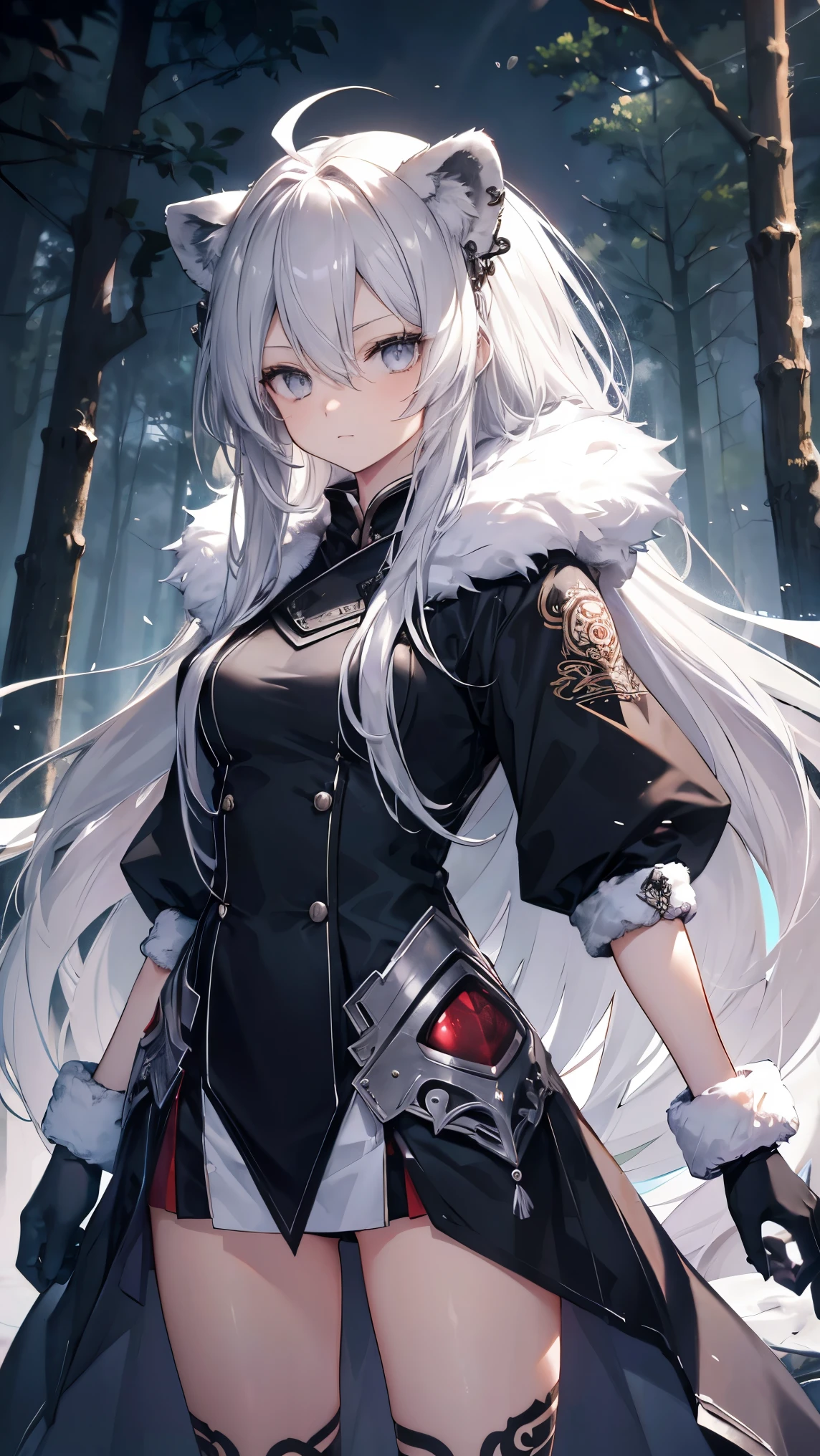 High resolution、Girl、Silver Hair、Long Hair,(),Lion ears、Grey Eyes、Slender、Toned body、hunter,fur,forest,Tattoo,