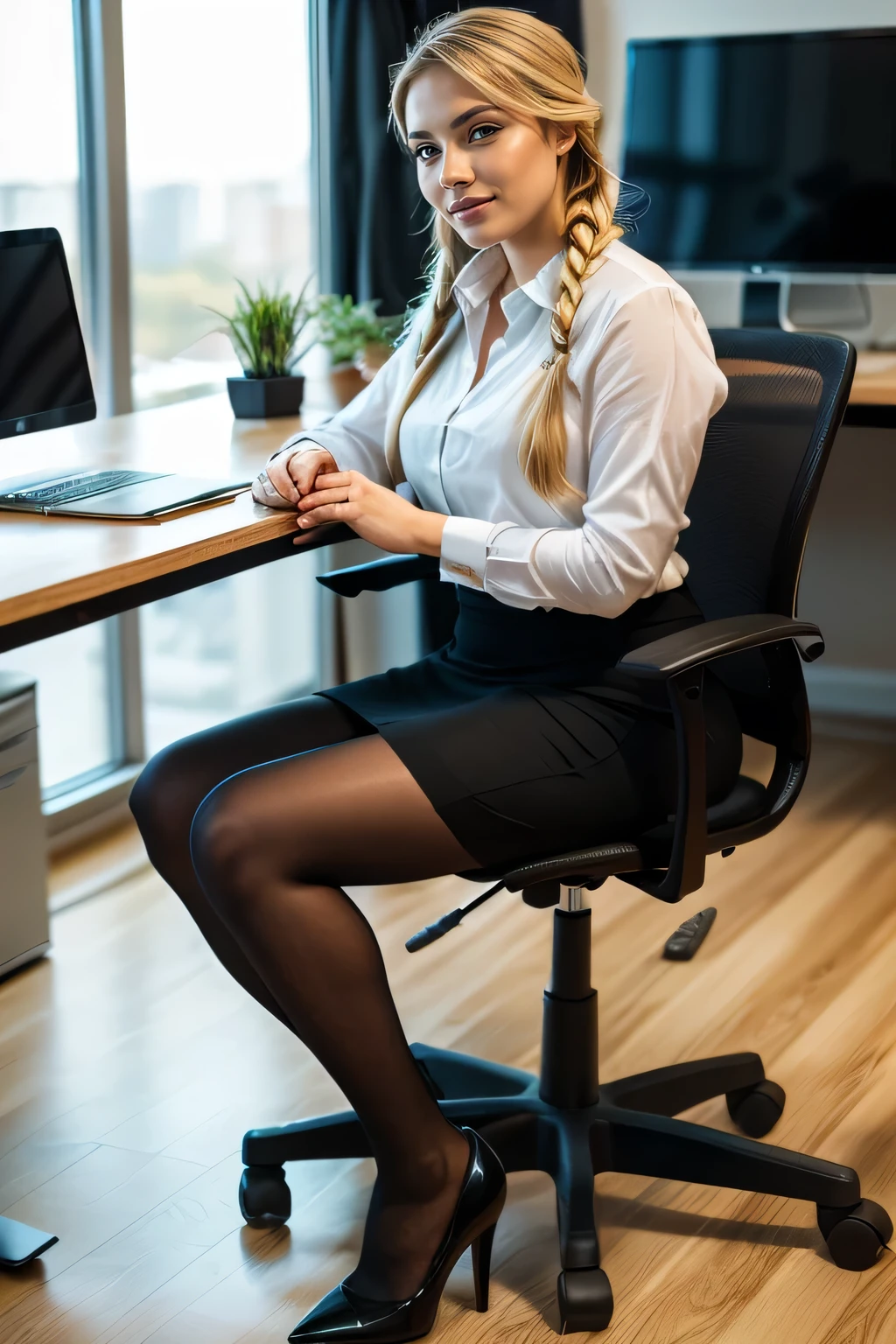 high quality,16K:1.1),((, German Woman、sitting in an office chair, Blonde Hair,、Hairstyle braid、(business suit、 Pencil Skirt)), tights, Curvy,(View your viewers:1.3),(Full Body Shot:1.2),(Background is Office 1.2),