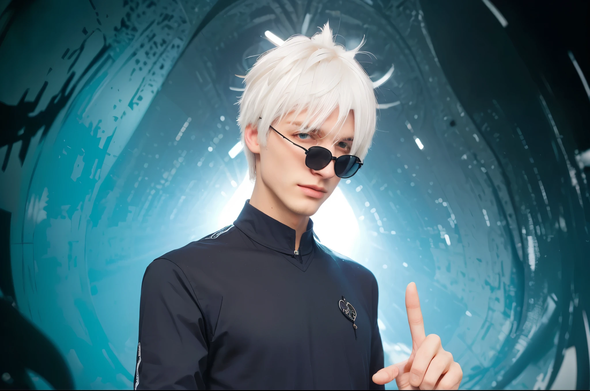 close up man, pointing pose, white hair, round black sunglassess, blue eyes, black clothes