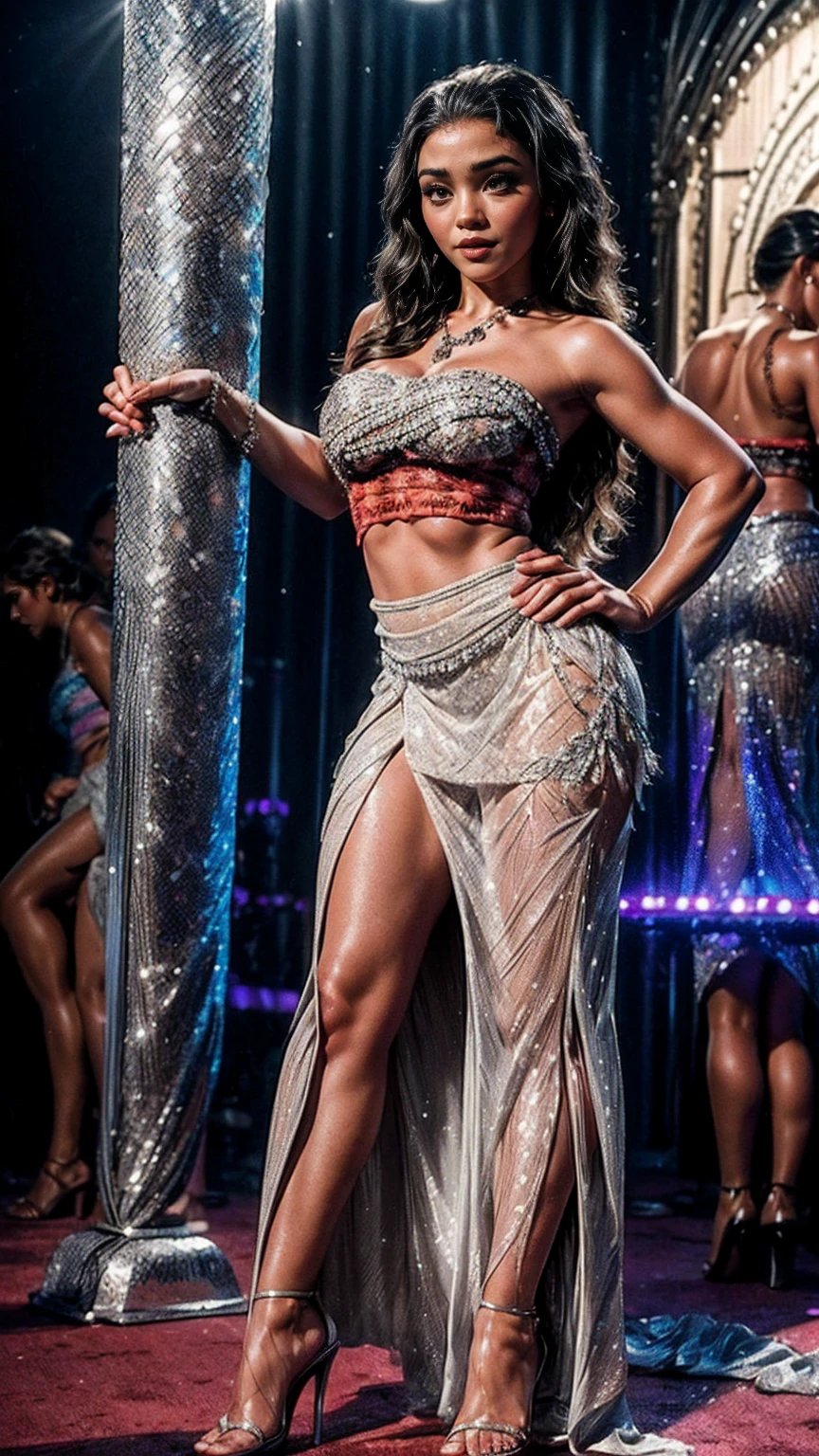 a sexy hot slim girl in a silver sequined see-through long skirt with a double slit, a silver sequined strapless sexy tight top showing her cleavage and stomach, high heels, full body view, at a party,moana