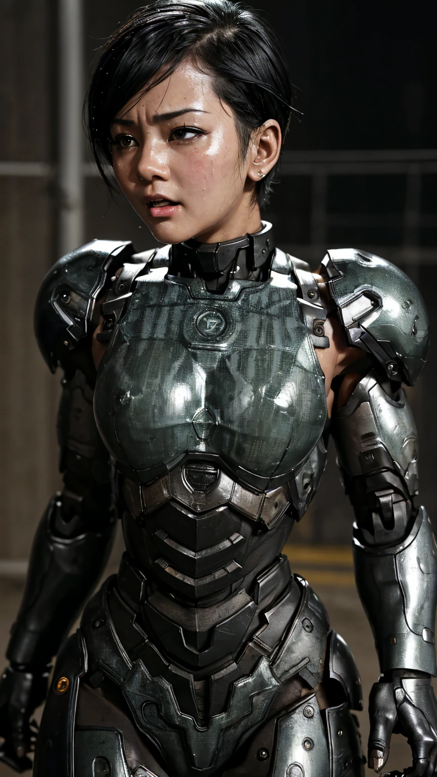 Textured skin, Very detailed, Attention to detail, high quality, 最high quality, High resolution, 1080P, hard disk, beautiful,(War Machine),beautifulサイボーグ女性,Mecha Cyborg Girl,Battle Mode,Girl with a mechanical body Black Hair Short Hair Boyish Dark green armor Sweaty and wet face Change is over Met Off Steam coming out of the head Steam coming out of the whole body Painful expression Please open your mouth wide Snug-fitting headgear Black inner suit Full body portrait from the front
