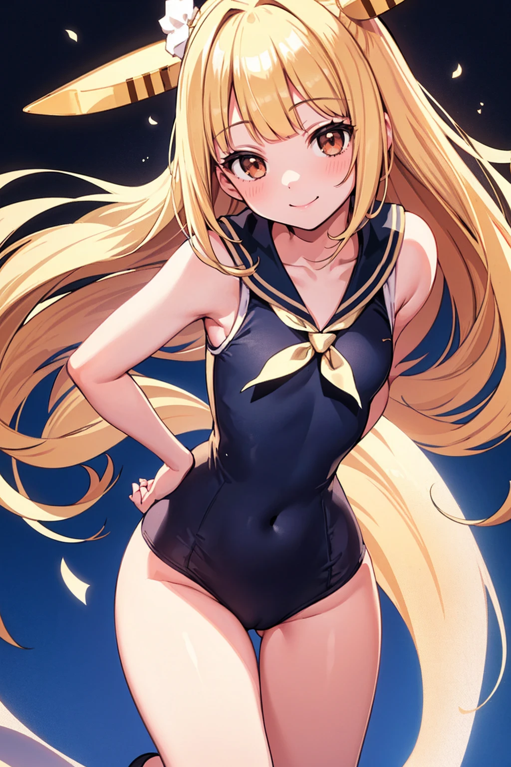 whole body,Standing posture, (Blonde,Trimmed bangs,Hime cut,) (Small breasts, Girl,), (Cute face:1.2) (High leg leotard,Sailor suit,Sleeveless clothing,) smile,(White background) 