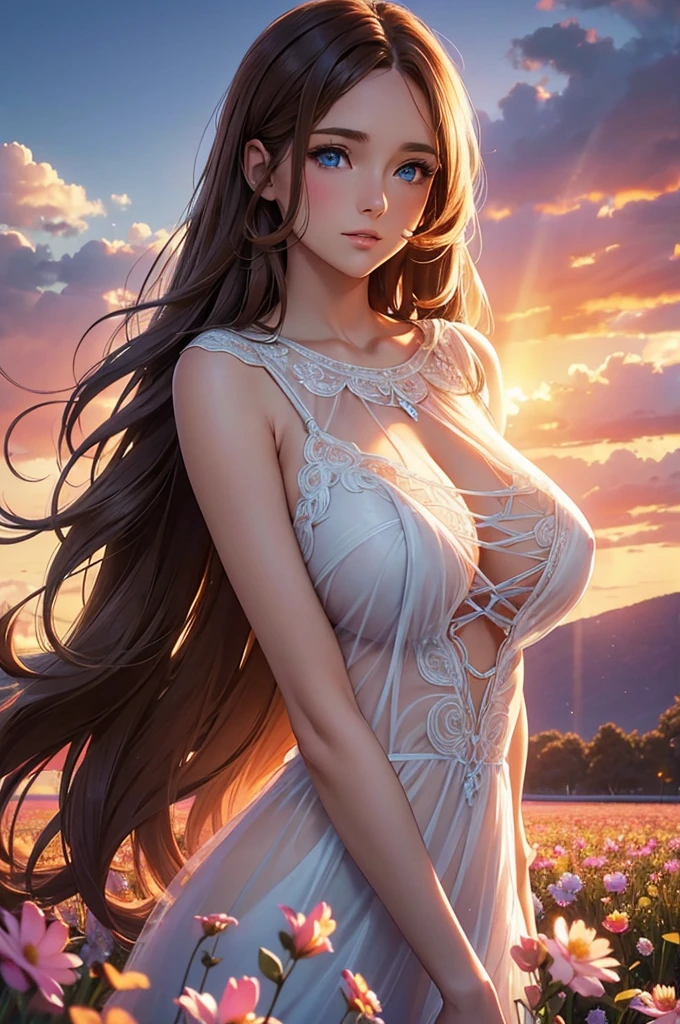 Best quality, 30 year old woman, massive breasts, brown long hair, blue eyes, nudes, sunset, upper body, sexy, angelic, thin fabric, see through, god rays, fluffy clouds, colourful flower field,