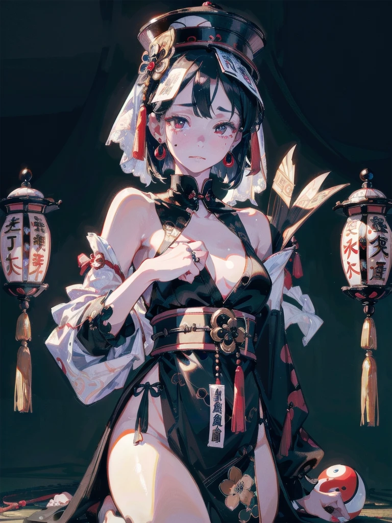 absurdres, RAW photo, extremely delicate and beautiful, masterpiece, Best Quality, ultra high resolution, 32k, hyperrealistic, ultra-detailed, in her 20s, delicate facial features, tearful mole, earring, medium breasts, full body shot, shorter middle hair, black hair, ofuda, jiangshi,