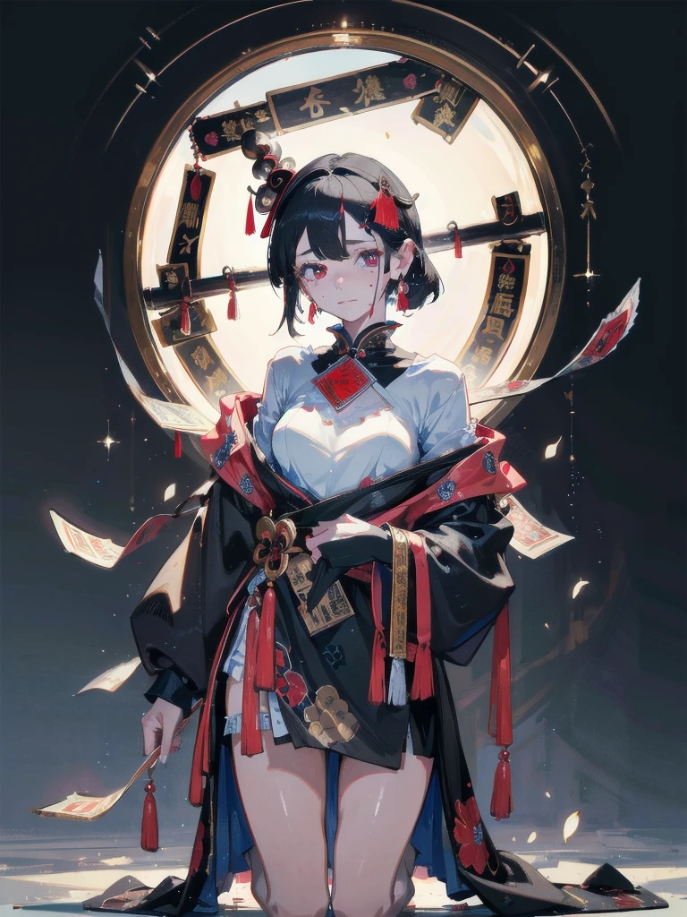 absurdres, RAW photo, extremely delicate and beautiful, masterpiece, Best Quality, ultra high resolution, 32k, hyperrealistic, ultra-detailed, in her 20s, delicate facial features, tearful mole, earring, medium breasts, full body shot, shorter middle hair, black hair, ofuda, jiangshi, 