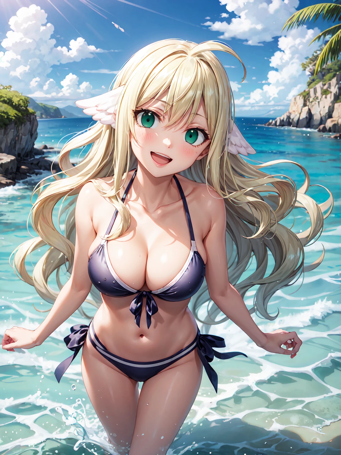 Masterpiece ,best quality , high resolution , (1 girl solo:1.38) , (mavis , long hair, blonde hair, (green eyes:1.5), ahoge, wavy hair) , (cleavage:1.2) , (medium breast:1.28) , (wear , bikini , strong wind , big wing ,  head tilt ) , (cleavage:1.15) , (big breast:1.1) , (face view , look at view , smile , open mouth) , (standing) , (outdoor , in water , droplet , in sea , ocean , beach)