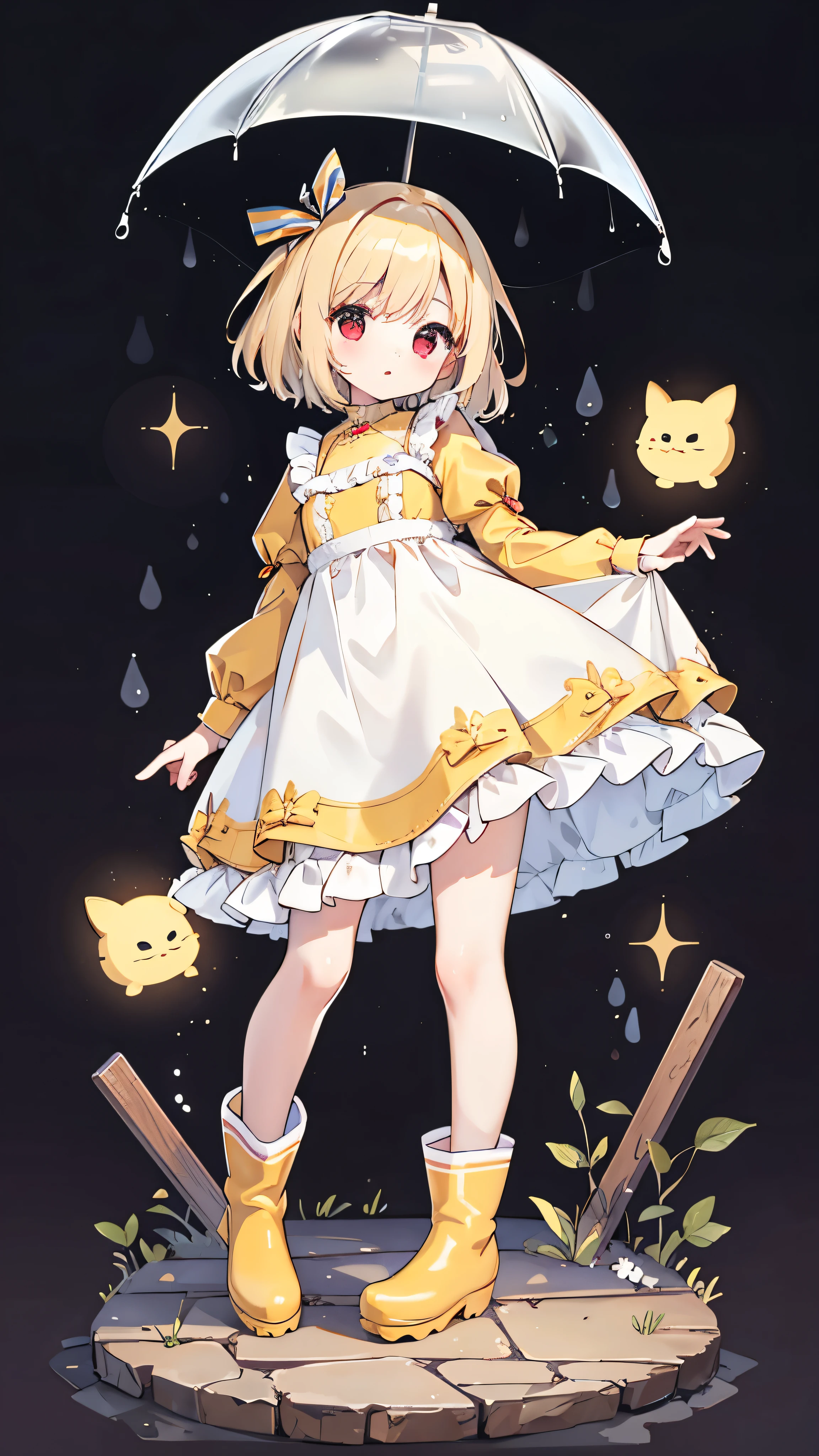 short hair，Red eyes，White Dress，Rain boots，