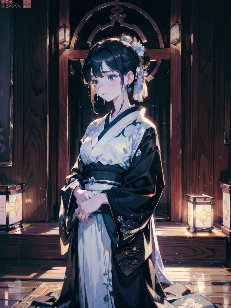absurdres, RAW photo, extremely delicate and beautiful, masterpiece, Best Quality, ultra high resolution, 32k, hyperrealistic, ultra-detailed, in her 20s, delicate facial features, tearful mole, earring, medium breasts, full body shot, shorter middle hair, black hair, kimono, haori,
