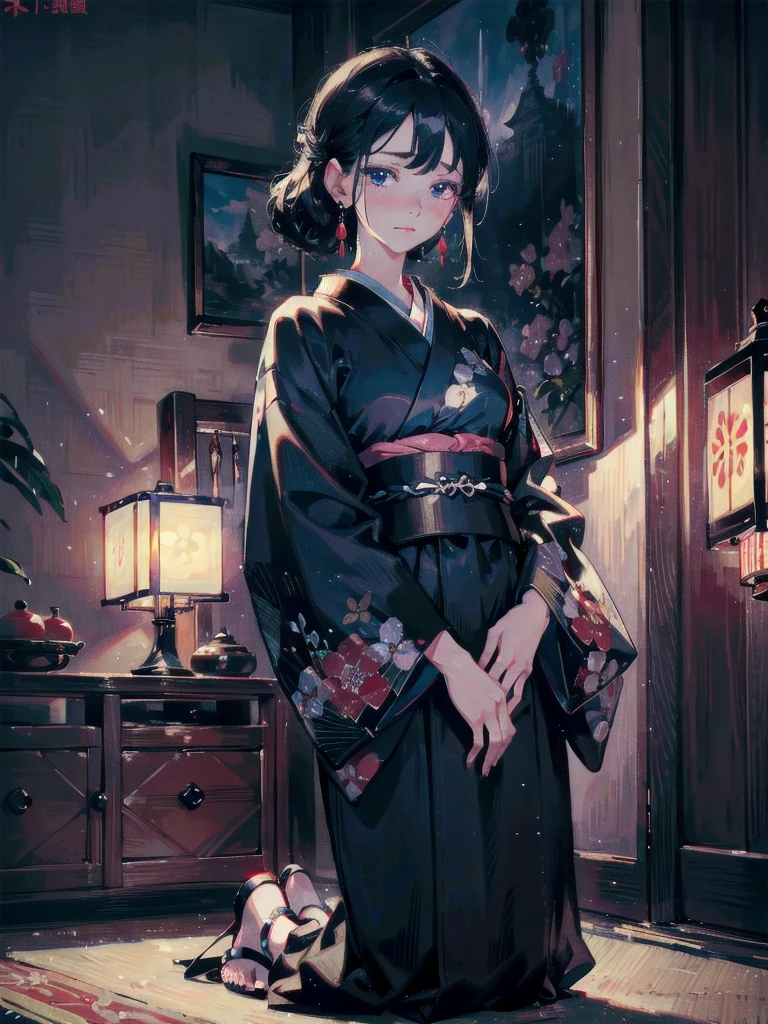 absurdres, RAW photo, extremely delicate and beautiful, masterpiece, Best Quality, ultra high resolution, 32k, hyperrealistic, ultra-detailed, in her 20s, delicate facial features, tearful mole, earring, medium breasts, full body shot, shorter middle hair, black hair, kimono, haori,