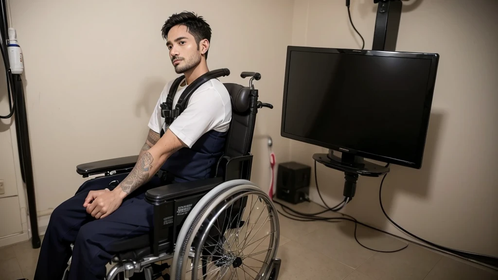 A handsome 30-year-old boy with spinal cord injury and quadriplegia, his trachea was cut and inserted into a ventilator, his upper body was tied to the back of the wheelchair with a restraint belt, and he was sitting in an electric wheelchair