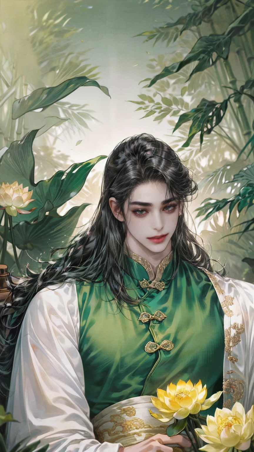 (((best quality))),masterpiece,ultra high resolution,extraordinarily beautiful youth, a bright, innocent smile,All green clothing,(absurdres, highres, ultra detailed, HDR), masterpiece, best quality, (1 boy) ,(((1 male,1 men,only one boy,perfect body, fair skin,sexy boy))),((boy 20 year old, green hanfu,green clothing, Chinese shirt style)) ,boy character ,((Thick black long hair)),beautiful face,detailed interior, detailed character,((man)),(in bamboo forest), black hair, smile,(white lotus),from anime The Scum Villain's Self Saving System,1man,the house of ancient China style, pure white lotus,beautiful and cute man ,(long black hair),black eyes,((solo man)),(he has a Big eyes, charming lips, slim nose and small face),(slim figures and no muscle),fragile body,Beautiful hands,Beautiful fingers