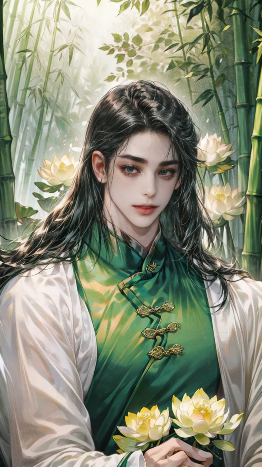 (((best quality))),masterpiece,ultra high resolution,extraordinarily beautiful youth, a bright, innocent smile,All green clothing,(absurdres, highres, ultra detailed, HDR), masterpiece, best quality, (1 boy) ,(((1 male,1 men,only one boy,perfect body, fair skin,sexy boy))),((boy 20 year old, green hanfu,green clothing, Chinese shirt style)) ,boy character ,((Thick black long hair)),beautiful face,detailed interior, detailed character,((man)),(in bamboo forest), black hair, smile,(white lotus),from anime The Scum Villain's Self Saving System,1man,the house of ancient China style, pure white lotus,beautiful and cute man ,(long black hair),black eyes,((solo man)),(he has a Big eyes, charming lips, slim nose and small face),(slim figures and no muscle),fragile body,Beautiful hands,Beautiful fingers