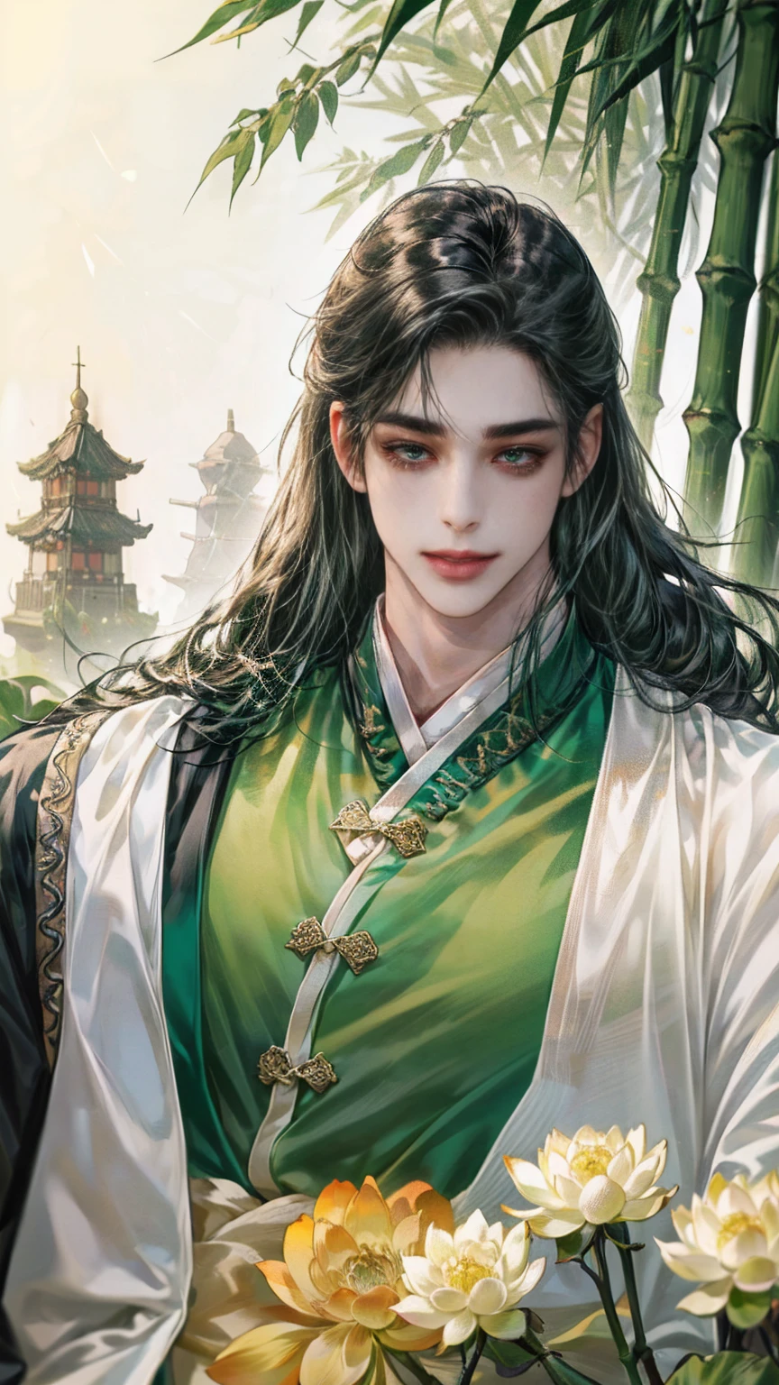 (((best quality))),masterpiece,ultra high resolution,extraordinarily beautiful youth, a bright, innocent smile,All green clothing,(absurdres, highres, ultra detailed, HDR), masterpiece, best quality, (1 boy) ,(((1 male,1 men,only one boy,perfect body, fair skin,sexy boy))),((boy 20 year old, green hanfu,green clothing, Chinese shirt style)) ,boy character ,((Thick black long hair)),beautiful face,detailed interior, detailed character,((man)),(in bamboo forest), black hair, smile,(white lotus),from anime The Scum Villain's Self Saving System,1man,the house of ancient China style, pure white lotus,beautiful and cute man ,(long black hair),black eyes,((solo man)),(he has a Big eyes, charming lips, slim nose and small face),(slim figures and no muscle),fragile body,Beautiful hands,Beautiful fingers