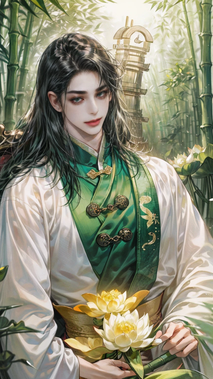 (((best quality))),masterpiece,ultra high resolution,extraordinarily beautiful youth, a bright, innocent smile,All green clothing,(absurdres, highres, ultra detailed, HDR), masterpiece, best quality, (1 boy) ,(((1 male,1 men,only one boy,perfect body, fair skin,sexy boy))),((boy 20 year old, green hanfu,green clothing, Chinese shirt style)) ,boy character ,((Thick black long hair)),beautiful face,detailed interior, detailed character,((man)),(in bamboo forest), black hair, smile,(white lotus),from anime The Scum Villain's Self Saving System,1man,the house of ancient China style, pure white lotus,beautiful and cute man ,(long black hair),black eyes,((solo man)),(he has a Big eyes, charming lips, slim nose and small face),(slim figures and no muscle),fragile body,Beautiful  hands,Beautiful fingers 