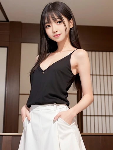 Japanese female, a lot of details, (underweight), 30 years old, detailed black hair, beautiful detailed hair, super fucking beautiful, delicate beautiful face, complex details beautiful and delicate eyes, perfect hands, (flat chest best quality:1.5), perfect and delicate limbs, detailed skin, best quality, ultra-detailed,(cheerful grin:1.2),
android 18, medium long shot, from below, white skirt, the best building,