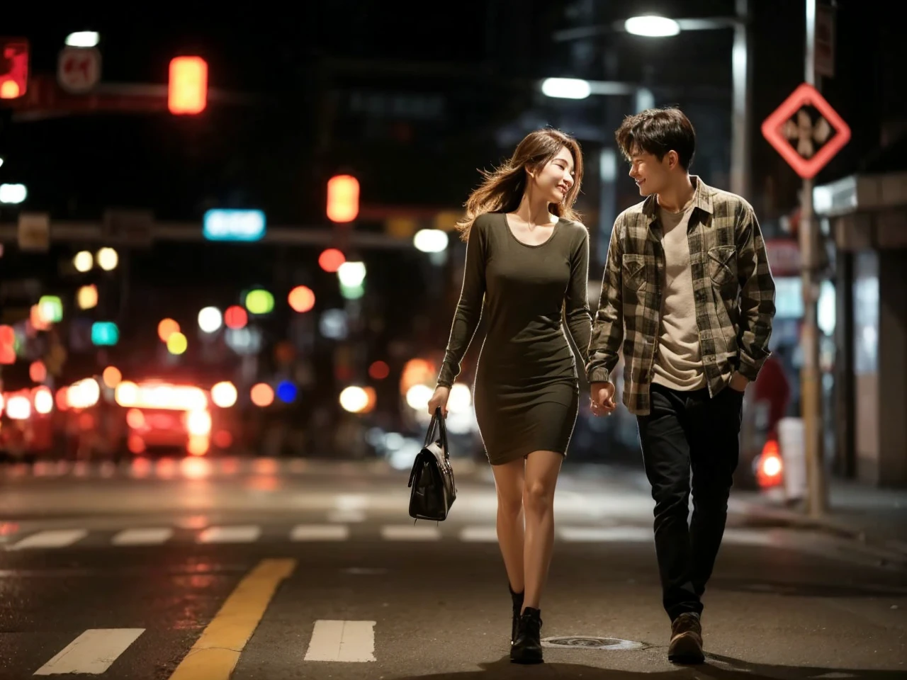A striking, ultra-detailed image of a young Korean couple strolling hand-in-hand on a bustling night street. The man is dressed in a cozy flannel shirt,
while the woman is clad in a stylish, form-fitting dress. The city lights and traffic signals illuminate their surroundings, casting a warm, inviting glow. The couple's expressions convey a deep connection and passion, as they share a tender moment in the vibrant urban setting.