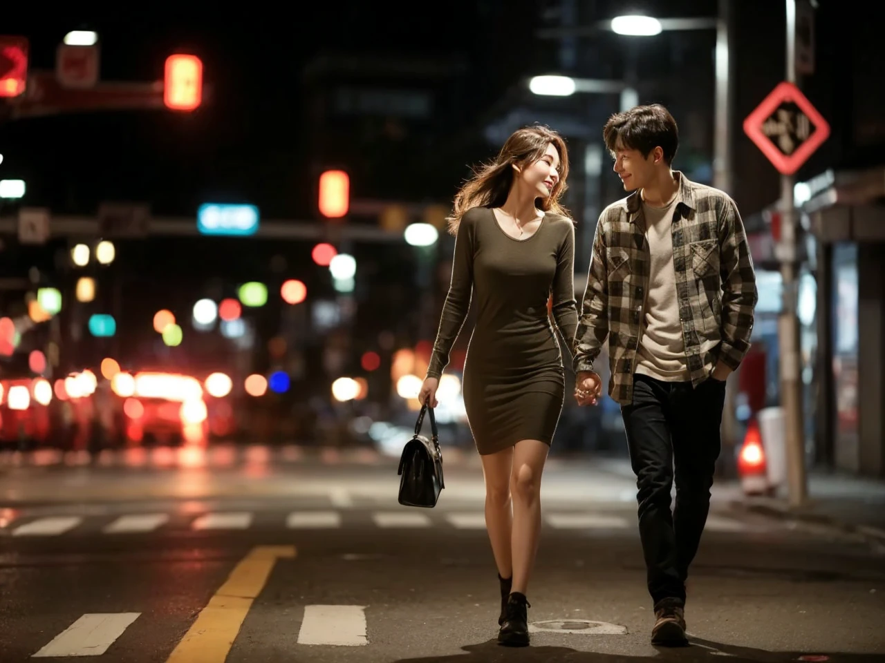 A striking, ultra-detailed image of a young Korean couple strolling hand-in-hand on a bustling night street. The man is dressed in a cozy flannel shirt,

while the woman is clad in a stylish, form-fitting dress. The city lights and traffic signals illuminate their surroundings, casting a warm, inviting glow. The couple's expressions convey a deep connection and passion, as they share a tender moment in the vibrant urban setting.

