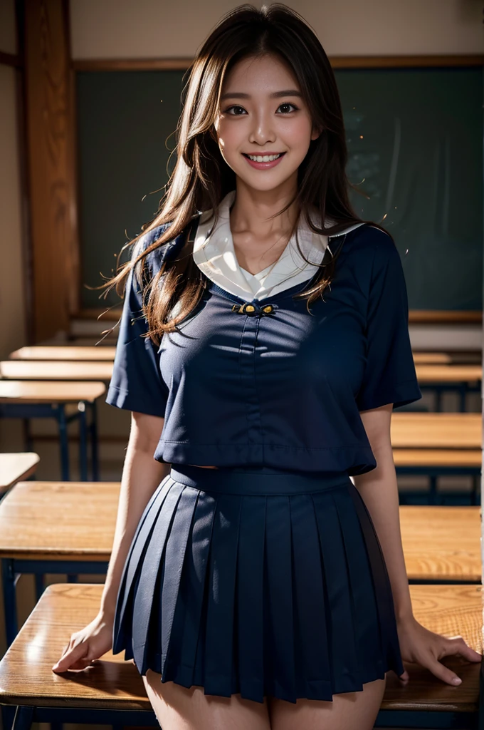 ((beautiful girl)) ((School uniforms:1.4)) ((panty shot:1.5)) ((high school)),((dark blue skirt:1.3)) ((in the classroom:1.3)) ((delgado_fabric:1.4)) ((pose sexy al azar:1.3)) ((sweaty:1.5))((the face is blushing:1.4)) ((big breasts:1.4)) ((close up:1.2)) Best Quality,masterpiece,ultra high resolution,(photorealistic:1.4),raw photo,(Genuine leather texture:1.3),(film grain:1.3),panorama,character portrait,very wide shot,narrow waist,cowboy shot,(In the dark, deep shadow, low key, cold light,) evening,(()),tears running,,dust,Tyndall effect,(Expression),1 girl,beautiful detailed eyes and face,white jabot,Brown eyes,((Brown hair:1.2)) ((Whole body:1.3)) ((smile:1.3)),((fleshy and aesthetic legs)),((voluptuous and very curvy body)).
