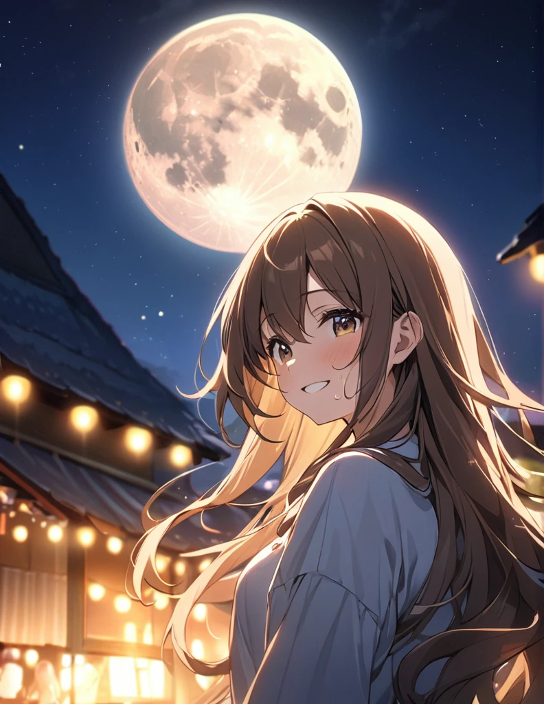 (masterpiece:1.2),(anime),Big moon in the background、Night Sky、Girl watching the moon、cute、The girl is illuminated by the moonlight、Great work、Light effects,Long Hair,Brown Hair,sweat,smile