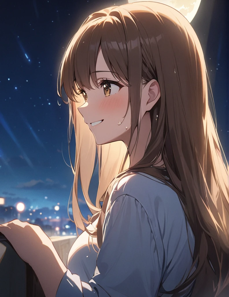 (masterpiece:1.2),(anime),Big moon in the background、Night Sky、Girl watching the moon、cute、The girl is illuminated by the moonlight、Great work、Light effects,Long Hair,Brown Hair,sweat,smile