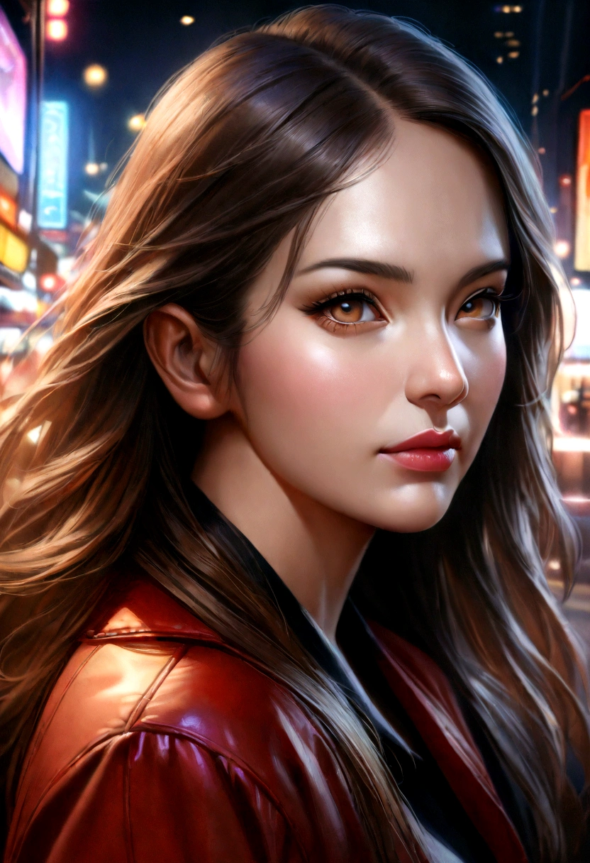 a beautiful young woman in a city pop style, striking a confident pose, detailed portrait of her upper body, the bright lights of tokyo in the background, (best quality,8k,highres,masterpiece:1.2),ultra-detailed,(realistic,photorealistic,photo-realistic:1.37),cinematic lighting,warm color tones,dynamic composition,elegant fashion,expressive face,confident expression,detailed facial features,flawless skin,long flowing hair,detailed city skyline,neon city lights,vibrant colors,dramatic shadows,depth of field