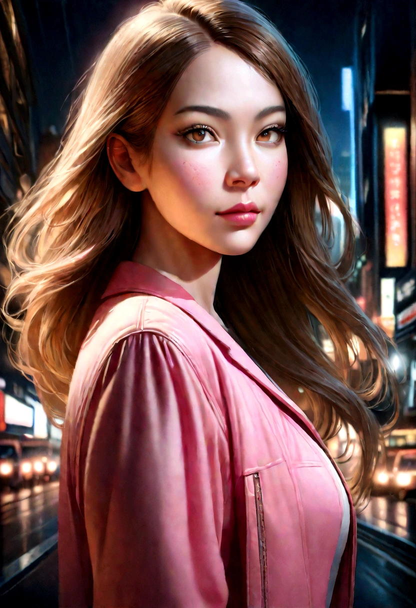 a beautiful young woman in a city pop style, striking a confident pose, detailed portrait of her upper body, the bright lights of tokyo in the background, (best quality,8k,highres,masterpiece:1.2),ultra-detailed,(realistic,photorealistic,photo-realistic:1.37),cinematic lighting,warm color tones,dynamic composition,elegant fashion,expressive face,confident expression,detailed facial features,flawless skin,long flowing hair,detailed city skyline,neon city lights,vibrant colors,dramatic shadows,depth of field
